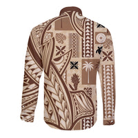 Long sleeve button-up shirt with beige and dark brown tapa pattern, back view.