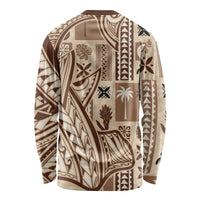 Unisex beige long-sleeve tapa print shirt, back view with brown pattern