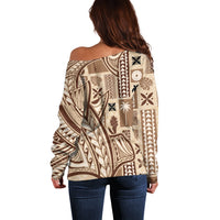 Beige off-shoulder sweater back view, long sleeves, Polynesian tapa mix pattern