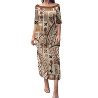 Beige short-sleeve long dress with brown Polynesian tapa and geometric tatau print
