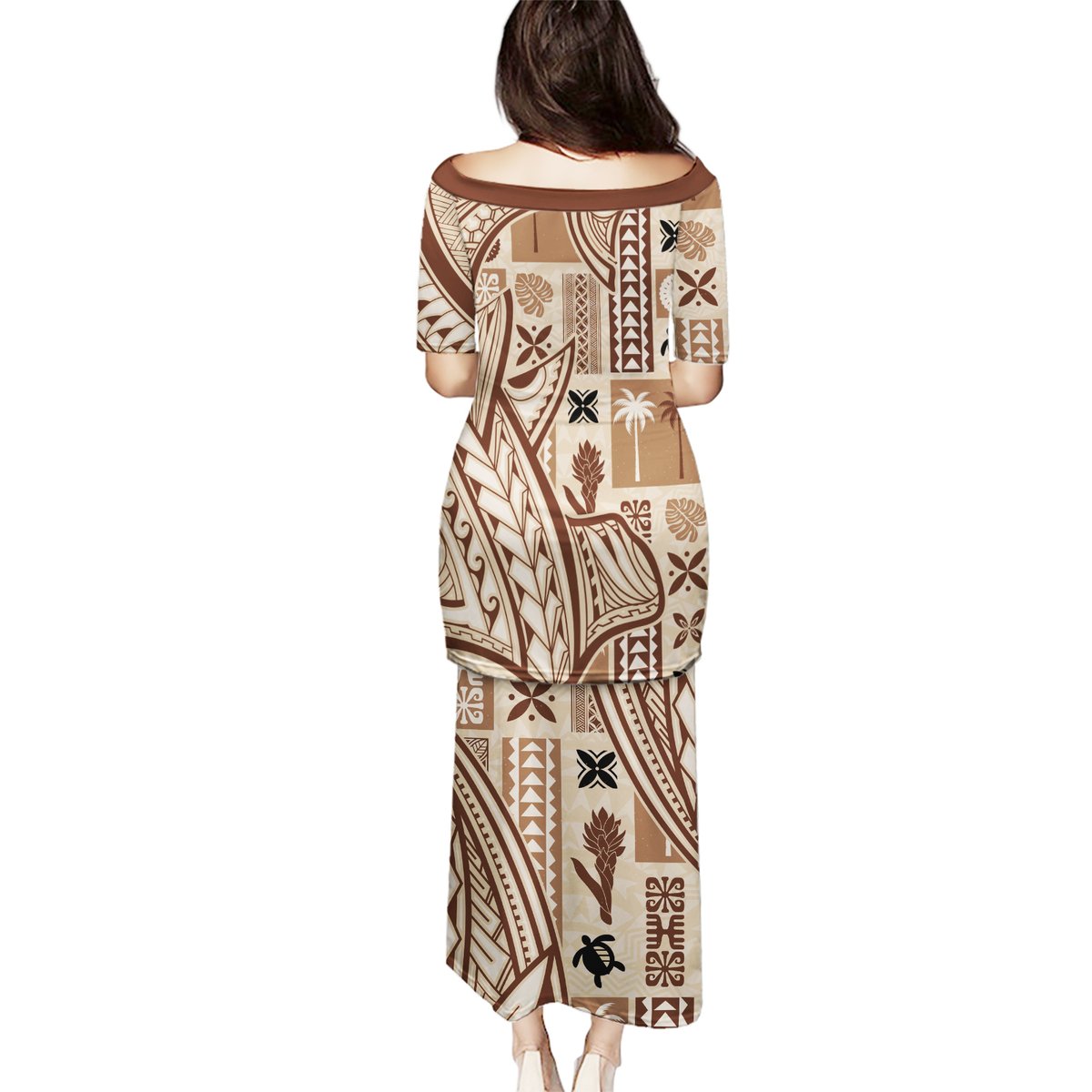 Beige long dress, short sleeves, back view with brown tapa and geometric tatau pattern