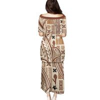 Beige long dress, short sleeves, back view with brown tapa and geometric tatau pattern