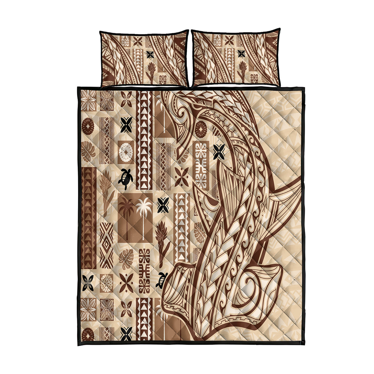 Beige tapa-pattern quilt bed set with two pillow shams, brown and black motifs