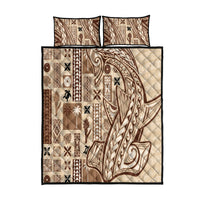 Beige tapa-pattern quilt bed set with two pillow shams, brown and black motifs