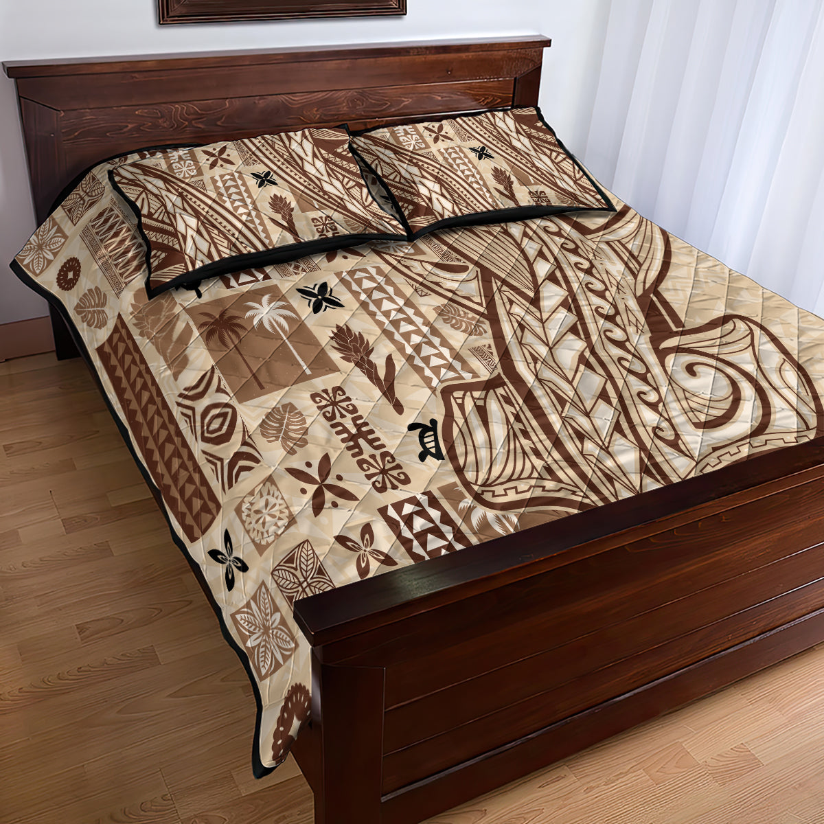 Beige tapa-pattern quilt bed set with two pillow shams, brown tribal and botanical motifs