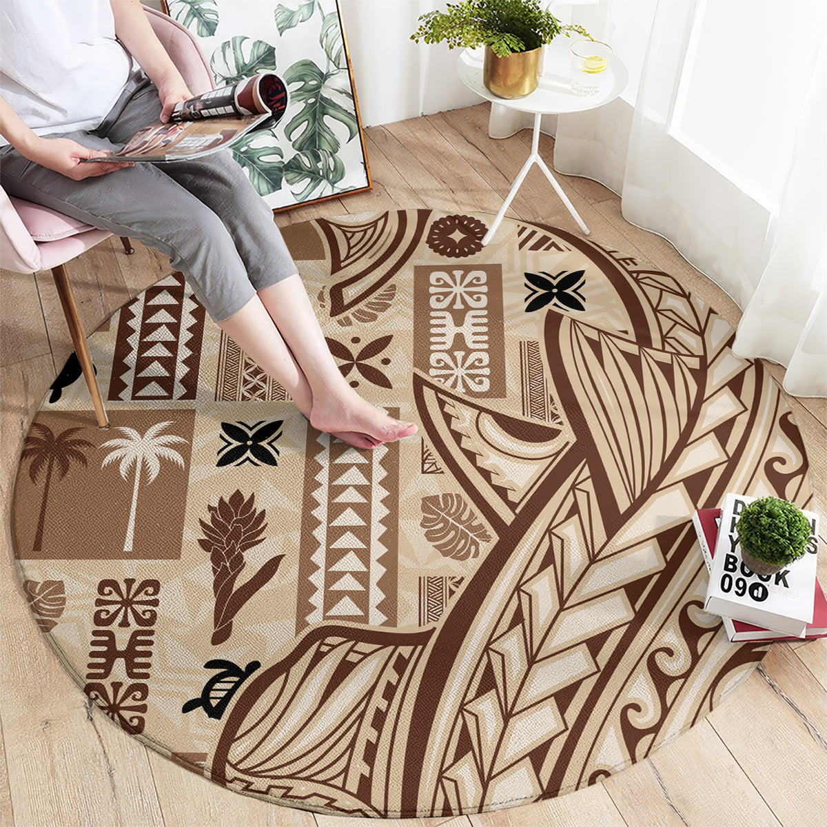 Round Polynesian tapa carpet with leaf, zigzag, and scroll motifs in brown/beige
