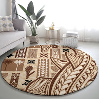 Round tapa carpet with mixed Polynesian symbols and a bold central medallion in brown/beige