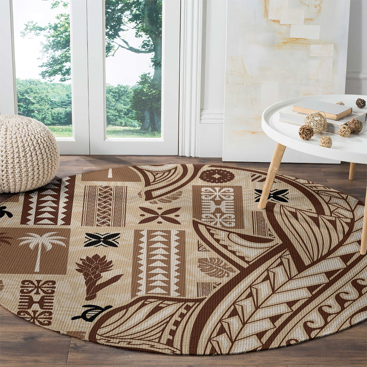 Round tapa carpet with large leaf and tribal stripe motifs in brown and beige
