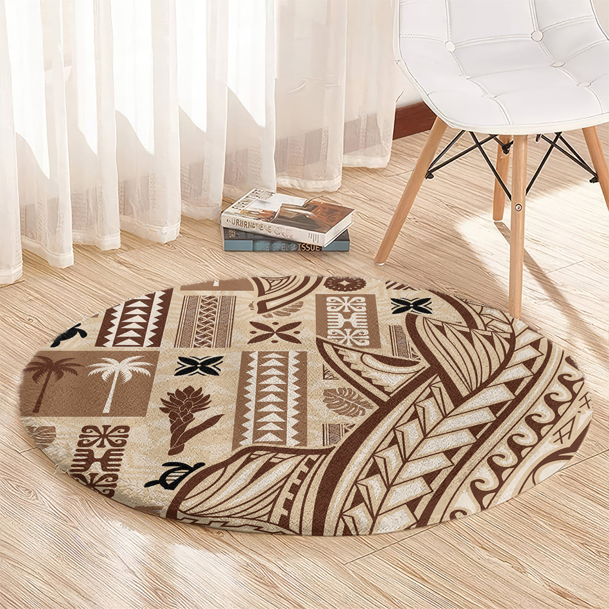 Round beige tapa carpet with brown geometric blocks, plants, and curving tribal lines