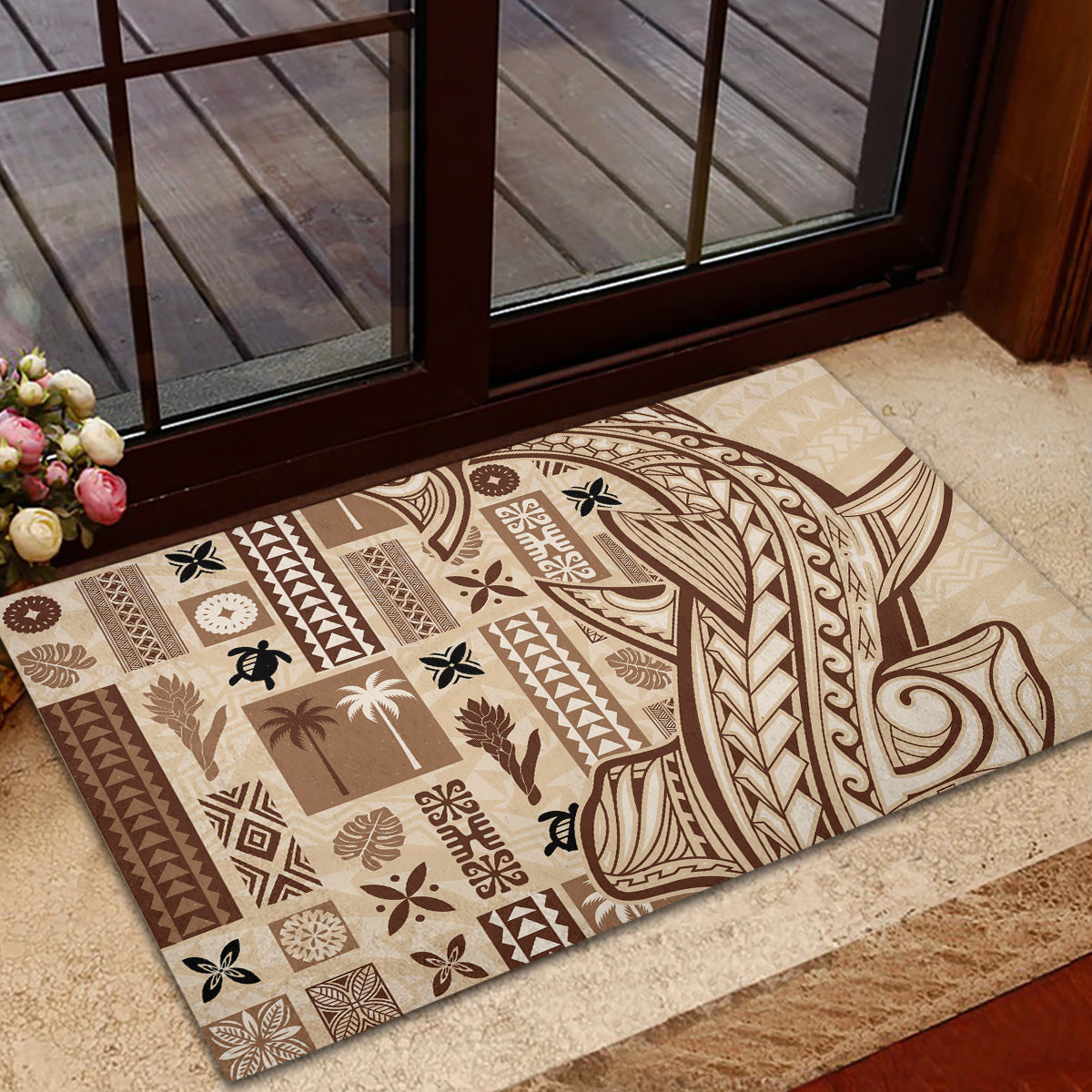 Rectangle beige rubber doormat with dark brown Tapa siapo pattern and curved wave design