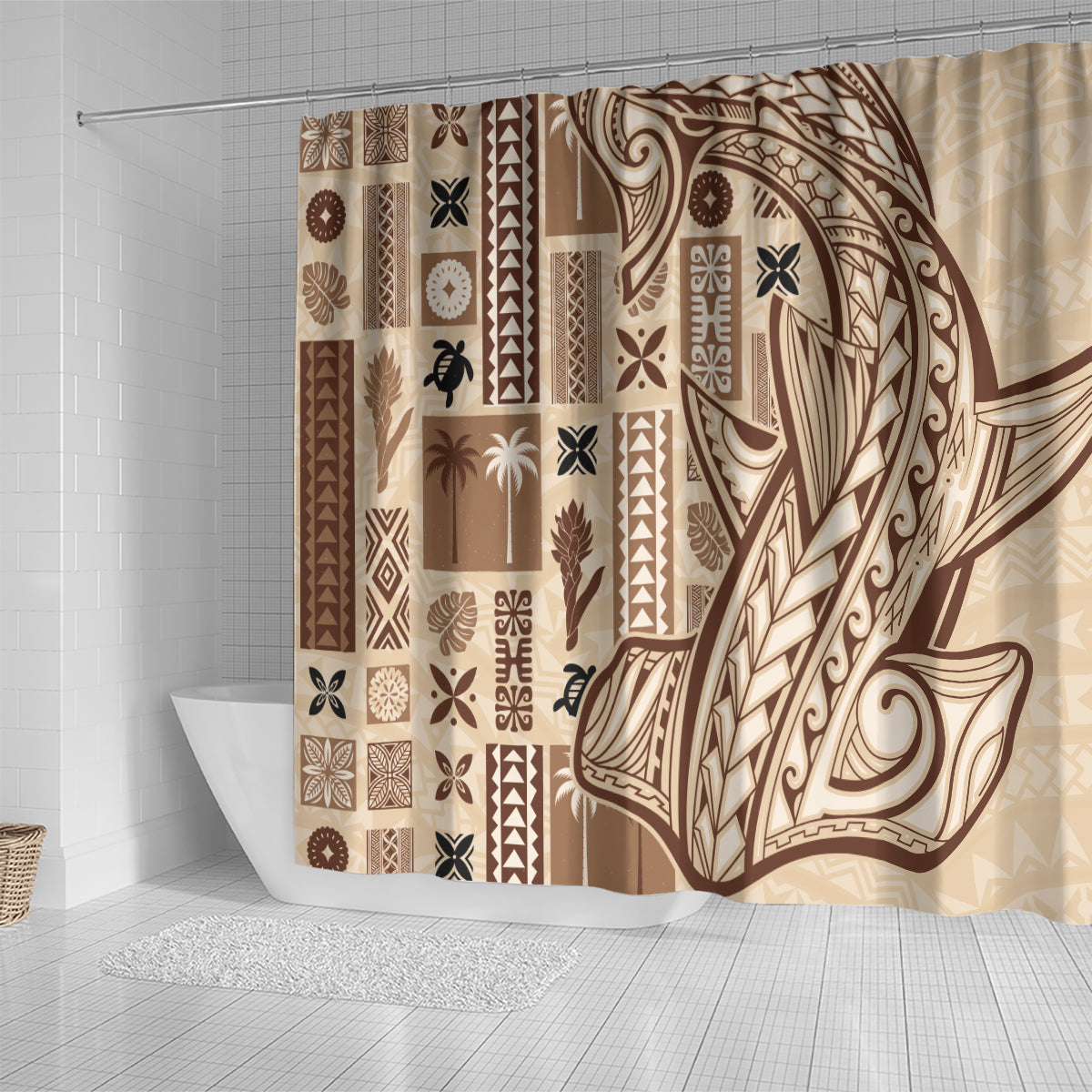 Beige shower curtain featuring brown curved tapa artwork and striped geometric inserts
