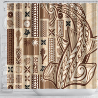 Shower curtain with beige background and brown patterned tapa art along the right side