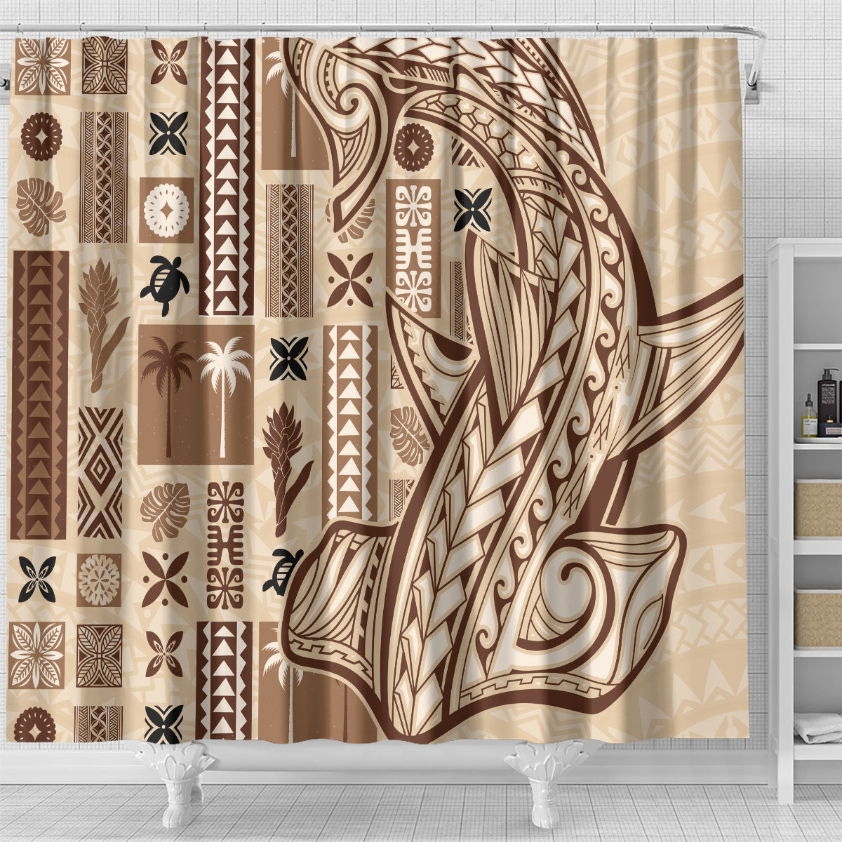 Beige shower curtain with brown Polynesian tapa patchwork pattern and decorative borders
