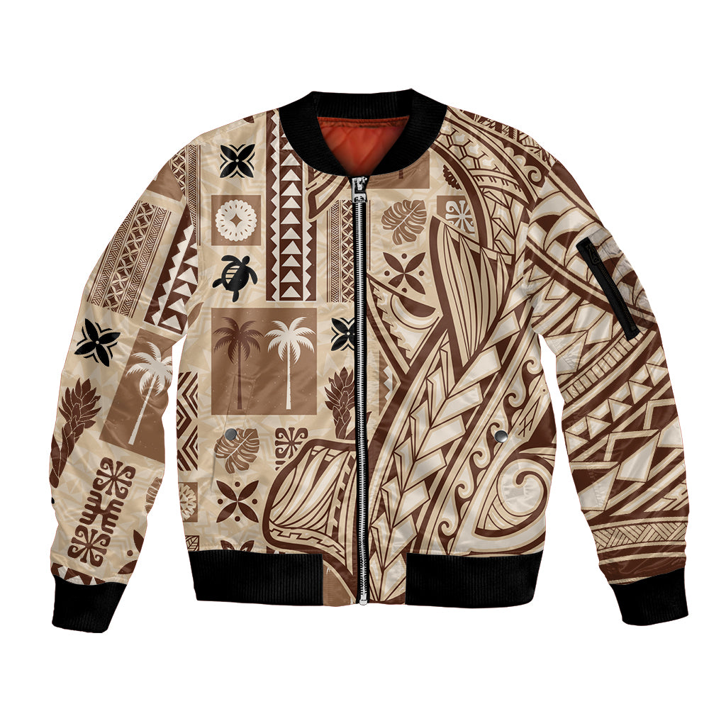Beige bomber jacket with full-zip front and black ribbed collar, cuffs; tapa pattern sleeves.