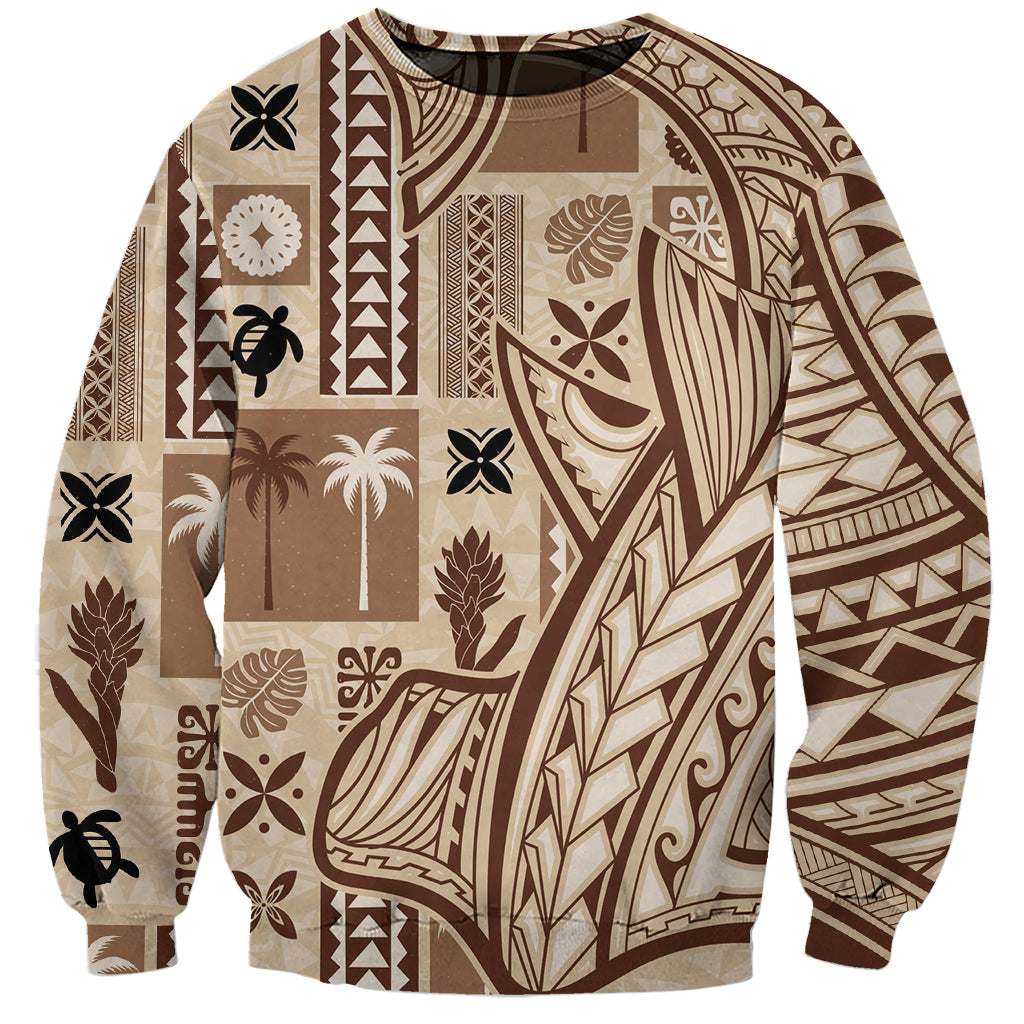 Beige and brown tapa-pattern crewneck sweatshirt, long sleeves and allover geometric motifs.