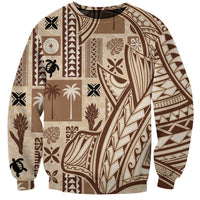 Beige and brown tapa-pattern crewneck sweatshirt, long sleeves and allover geometric motifs.