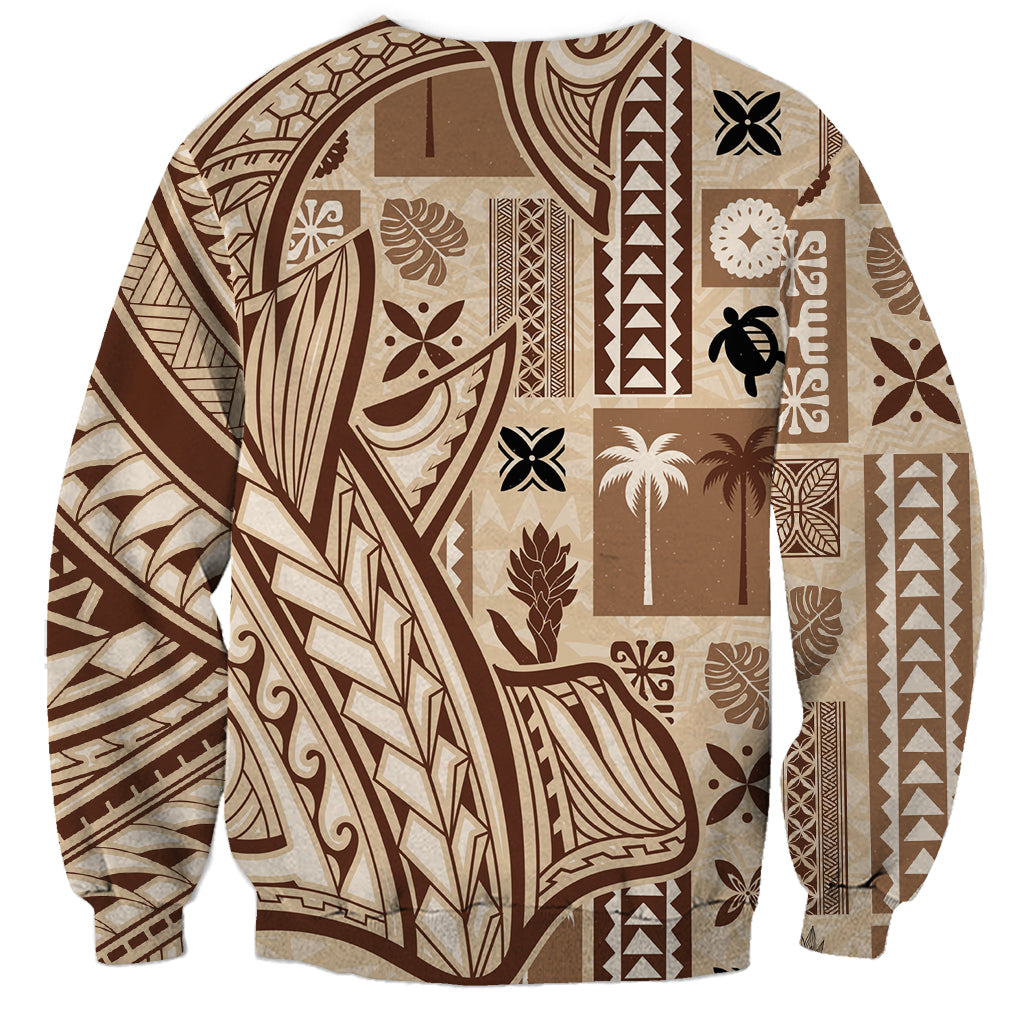 Beige and brown tapa-pattern sweatshirt with allover island symbols and geometric motifs.