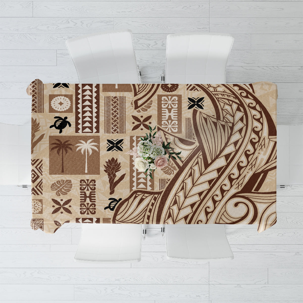 Beige tapa-pattern tablecloth with mixed Samoan motifs in brown and cream
