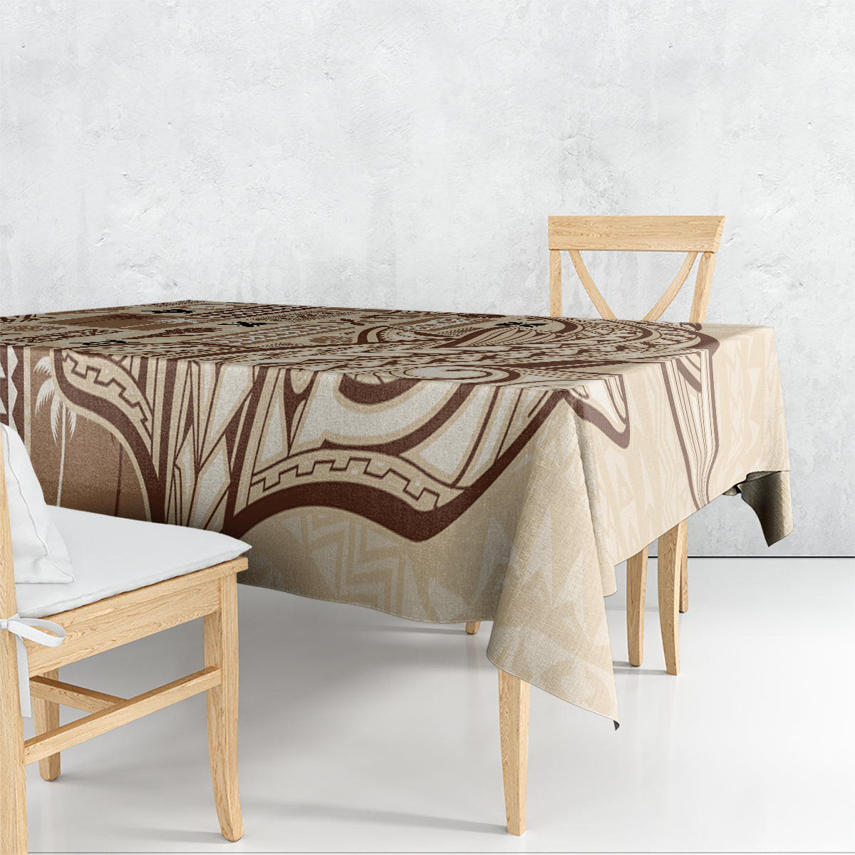 Rectangular beige tapa tablecloth with bold brown geometric and botanical motifs
