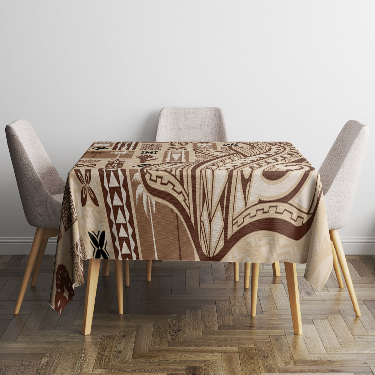 Beige Samoa tapa tablecloth with intricate brown linework and geometric motifs