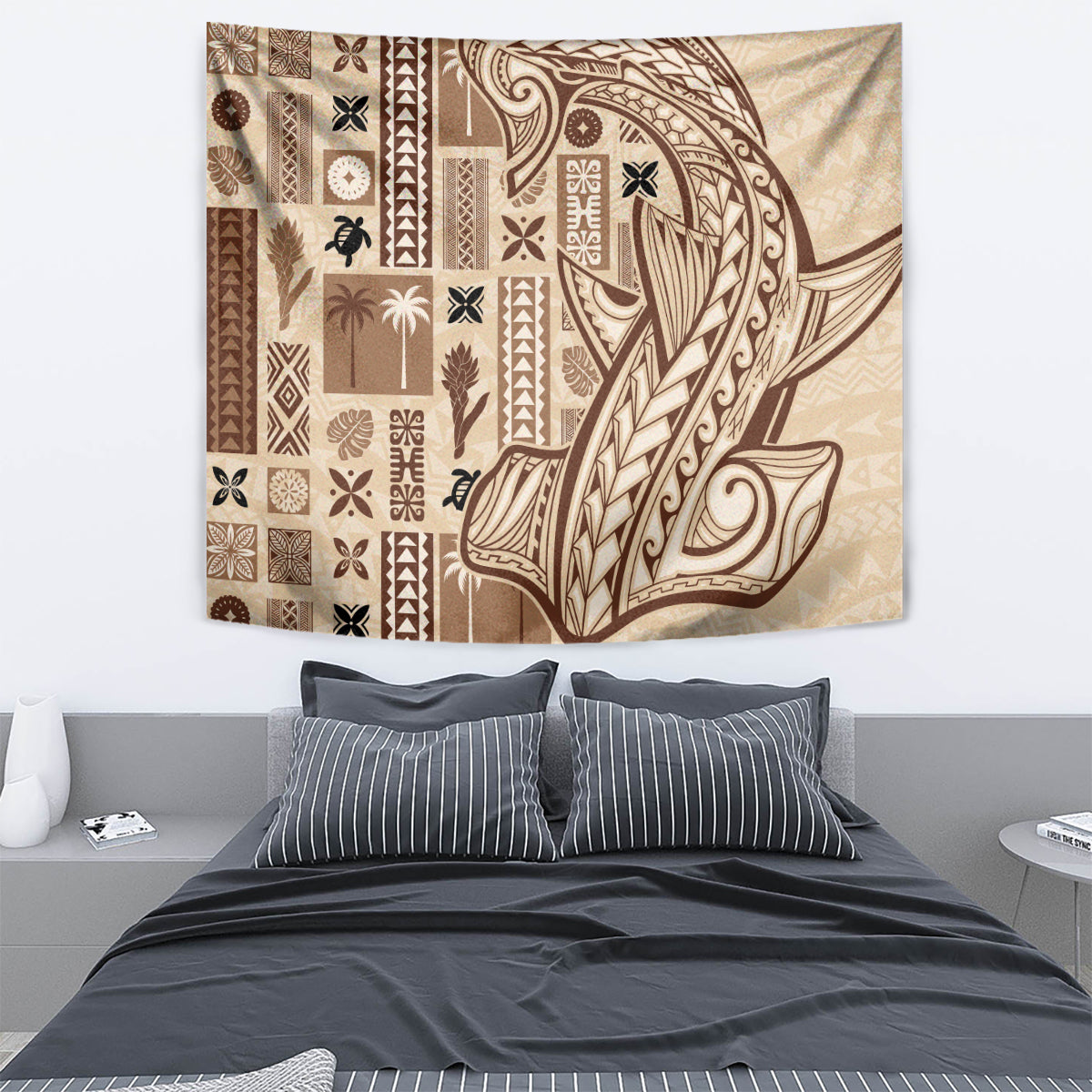 Beige tapa wall tapestry featuring brown geometric motifs and a stylized face/figure