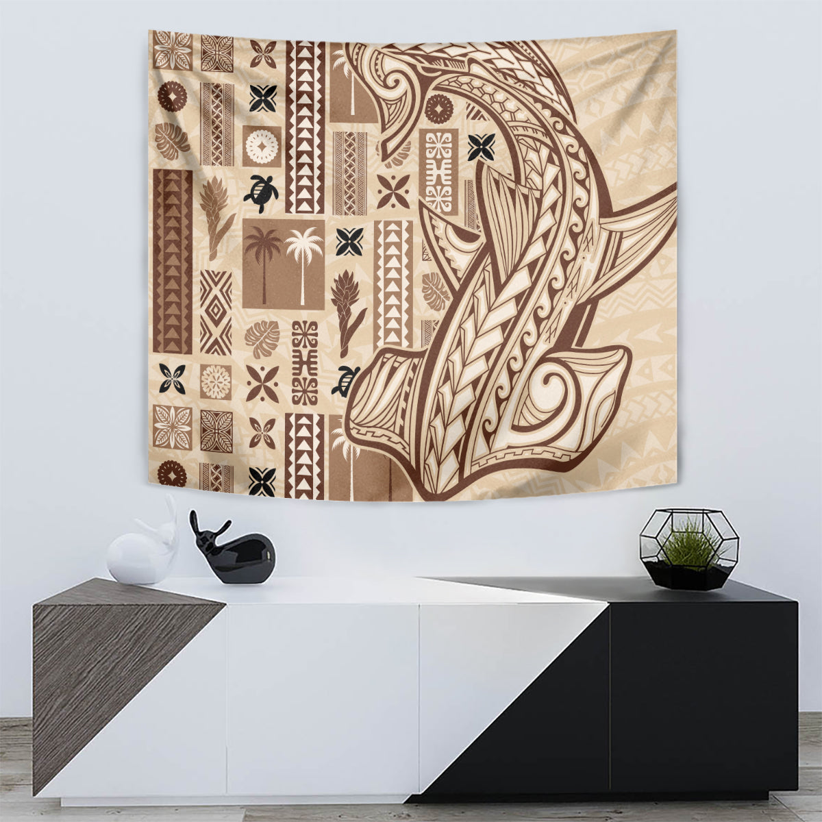 Beige tapa tapestry with repeating stripe, flower, and leaf motifs in brown