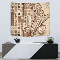 Beige tapa tapestry with repeating stripe, flower, and leaf motifs in brown