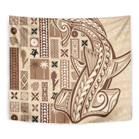 Beige tapa tapestry flat view with brown block patterns and sweeping curved ornament