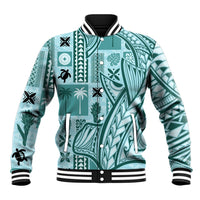 Teal patterned baseball jacket with black-and-white striped ribbed collar and cuffs