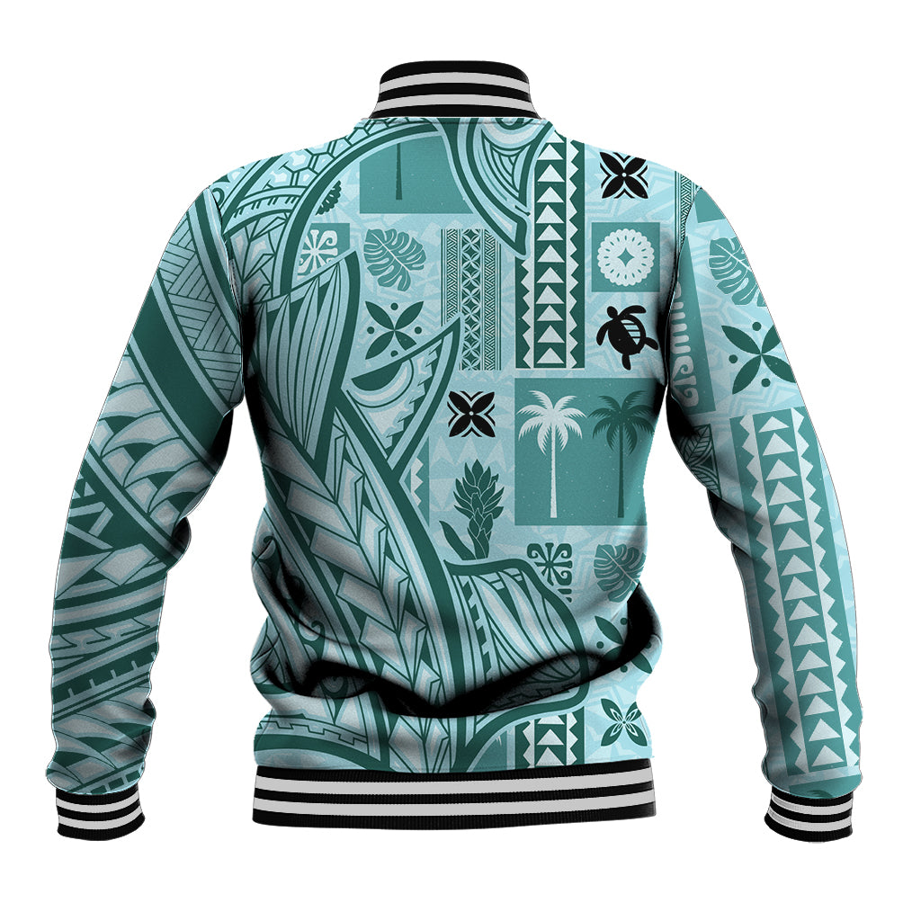 Teal patterned baseball jacket, black-and-white striped ribbed waistband and cuffs