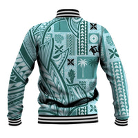 Teal patterned baseball jacket, black-and-white striped ribbed waistband and cuffs