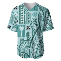 Teal baseball jersey with bold tapa-style tribal patterns and buttoned V-neck