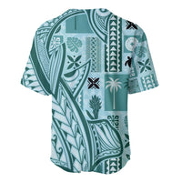 Teal baseball jersey with tapa-style geometric and foliage patterns, short sleeves