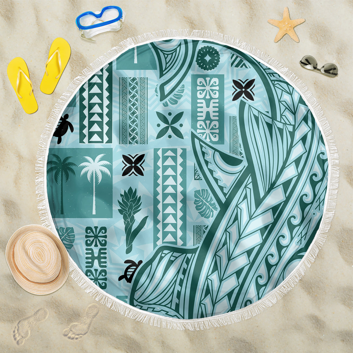 Teal round tapa beach blanket with fringe edge and mixed geometric botanical patterns