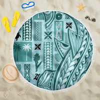 Teal round tapa beach blanket with fringe edge and mixed geometric botanical patterns