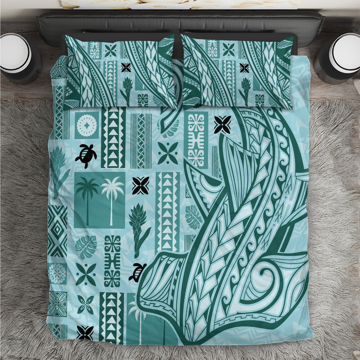 Teal tapa-pattern bedding set with geometric prints and leaf motifs on comforter