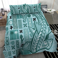 Teal tapa-pattern bedding set comforter with tiki, plants, and wave motifs