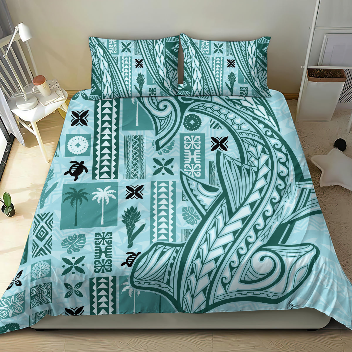 Teal tapa-pattern bedding set comforter with assorted geometric and leaf prints
