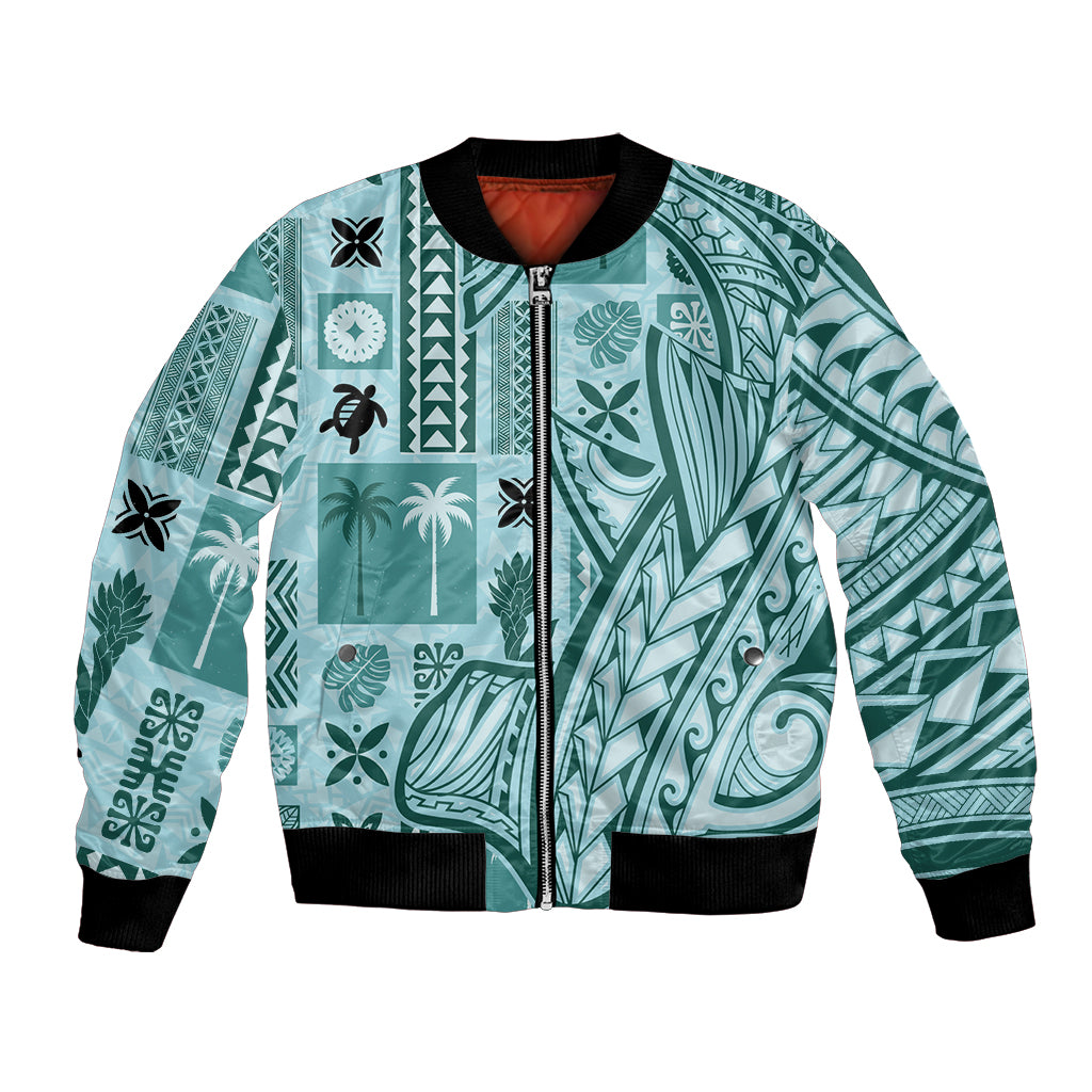Unisex teal bomber jacket with front zipper and ribbed black collar, cuffs, tiki pattern