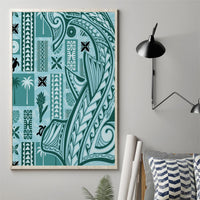 Framed teal tapa canvas wall art with tiki-like figures, stripes, and ornamental shapes
