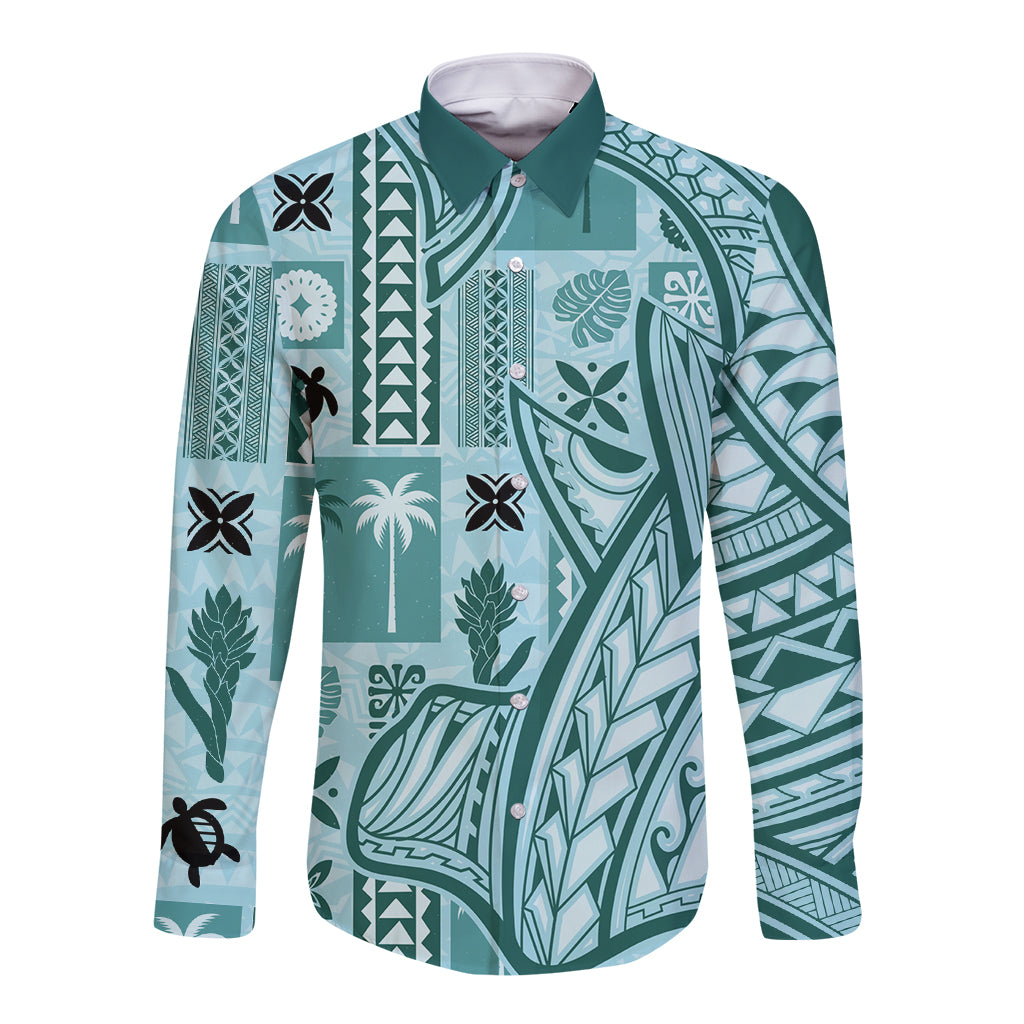 Teal long sleeve button shirt with tapa and tatau patterns, front view