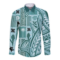 Teal long sleeve button shirt with tapa and tatau patterns, front view