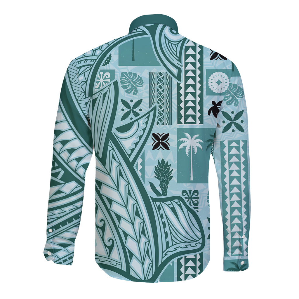 Teal long sleeve button shirt with tapa and tatau patterns, back view