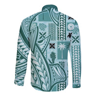 Teal long sleeve button shirt with tapa and tatau patterns, back view