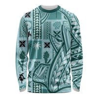 Unisex teal long sleeve shirt with geometric tapa and botanical Tatau patterns