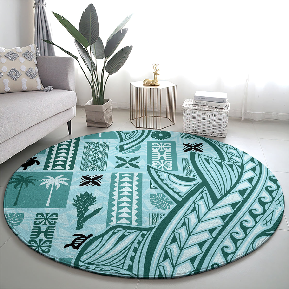 Round teal siapo tapa-pattern carpet with large leaf and striped motifs