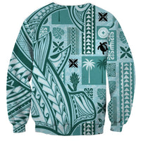 Unisex teal tapa-pattern sweatshirt, full back view with patchwork graphic and crew neck.