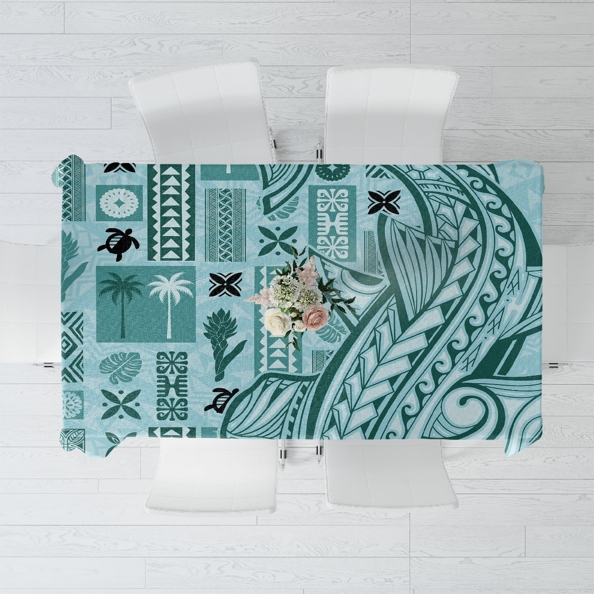 Teal tapa-pattern tablecloth with bold geometric motifs