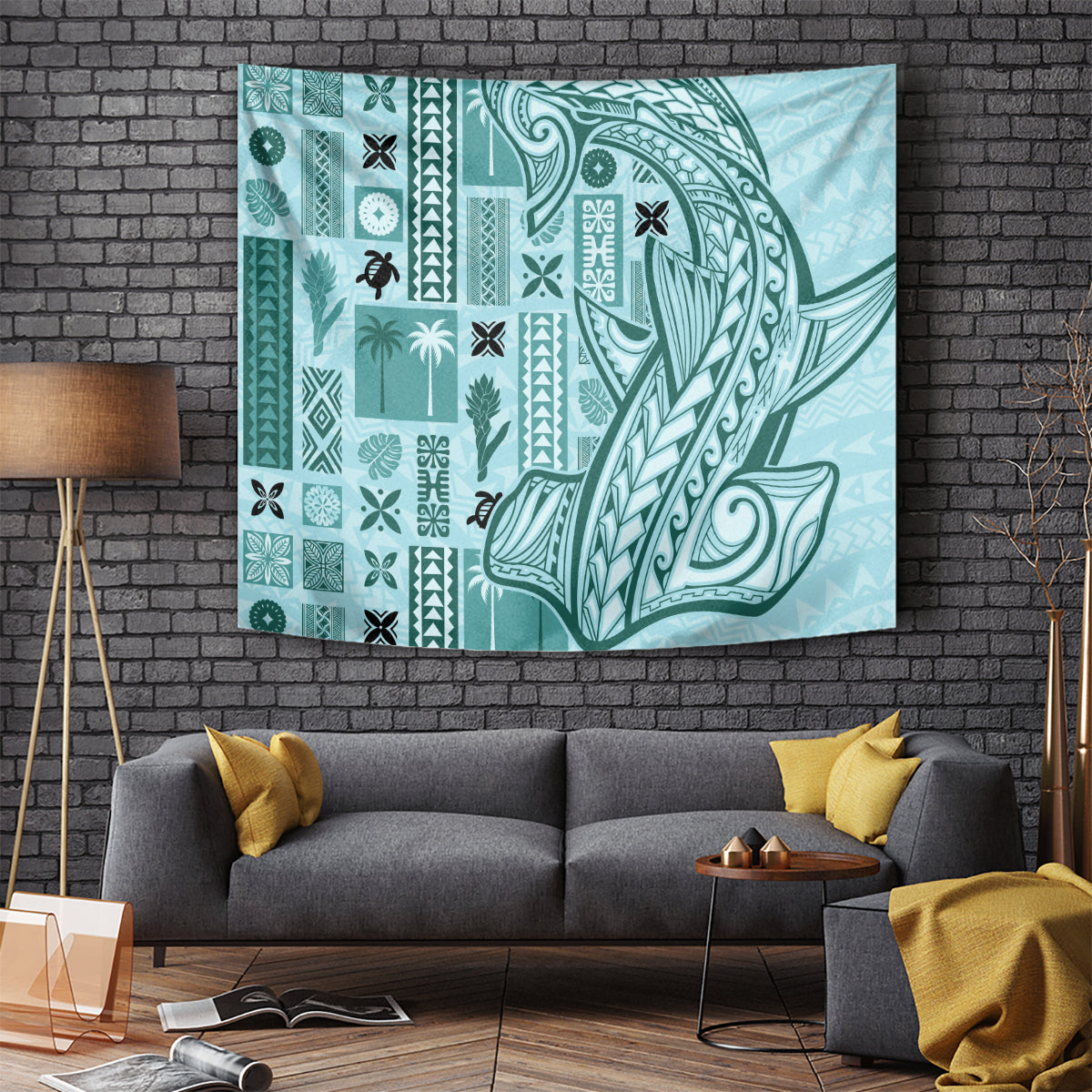 Teal tapa tapestry with bold Polynesian-style patterns and curved motif