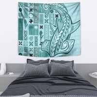 Teal tapa tapestry with vertical panels and intricate tribal motifs